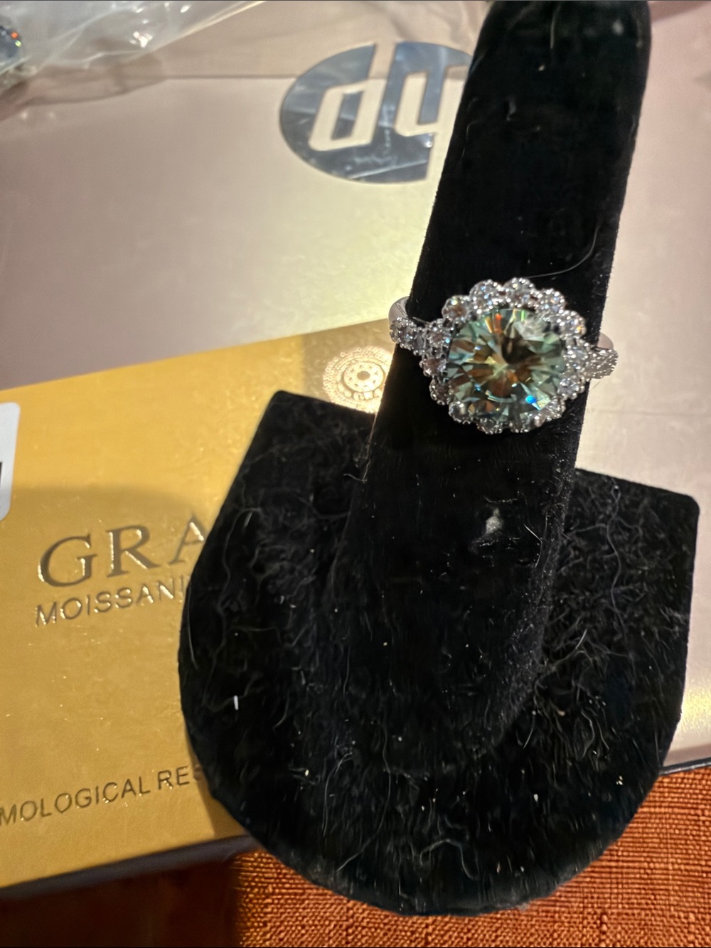 Moissanite Halo Engagement Ring - Silver with Greenish Fire Center Stone size 6